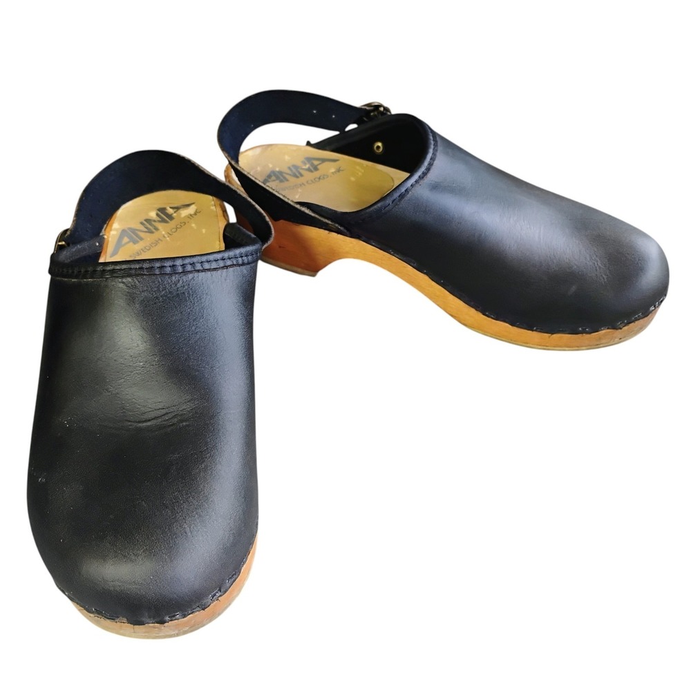 Vintage Anna By Swedish Clogs Clogs Black Leather Womens 38 Wooden Slingback